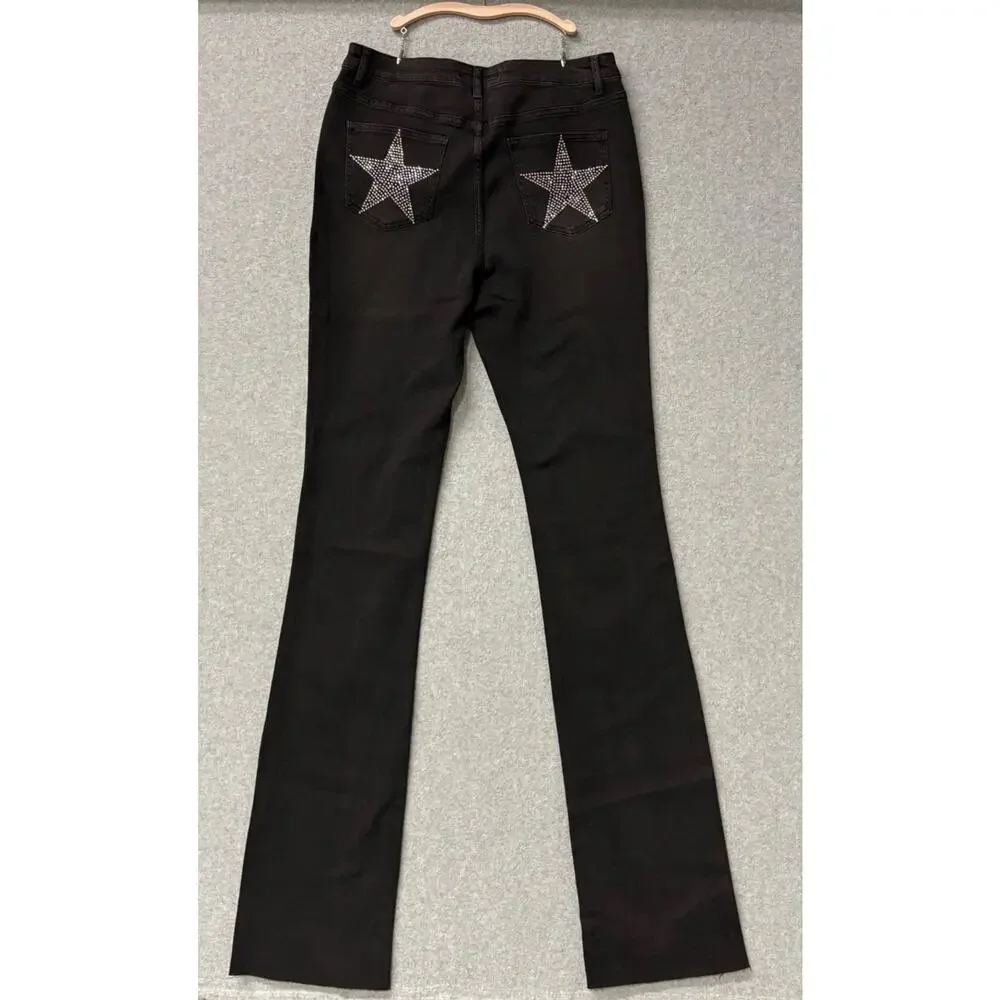 Rockstar Original Stargirl Super Stacked Flare Jeans Black Rhinestone XL NWT